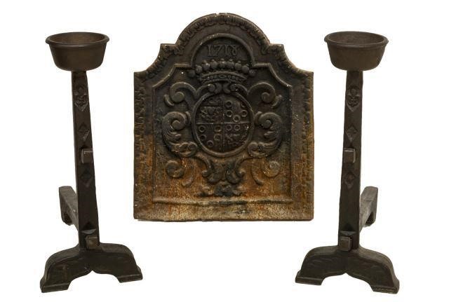 2)FRENCH HEAVY IRON ANDIRONS & 1718