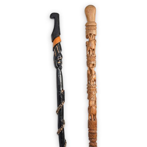 (2PC) AFRICAN CARVED WOOD WALKING