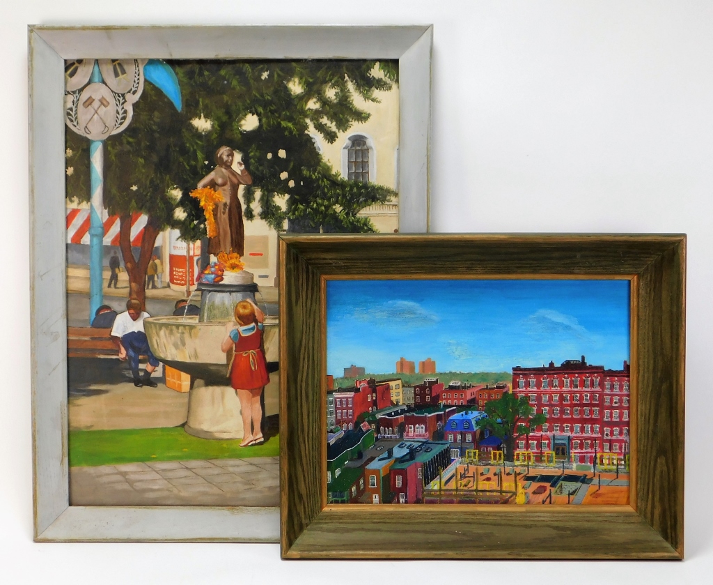 2PC AMERICAN FOLK NAIVE TOWNSCAPE