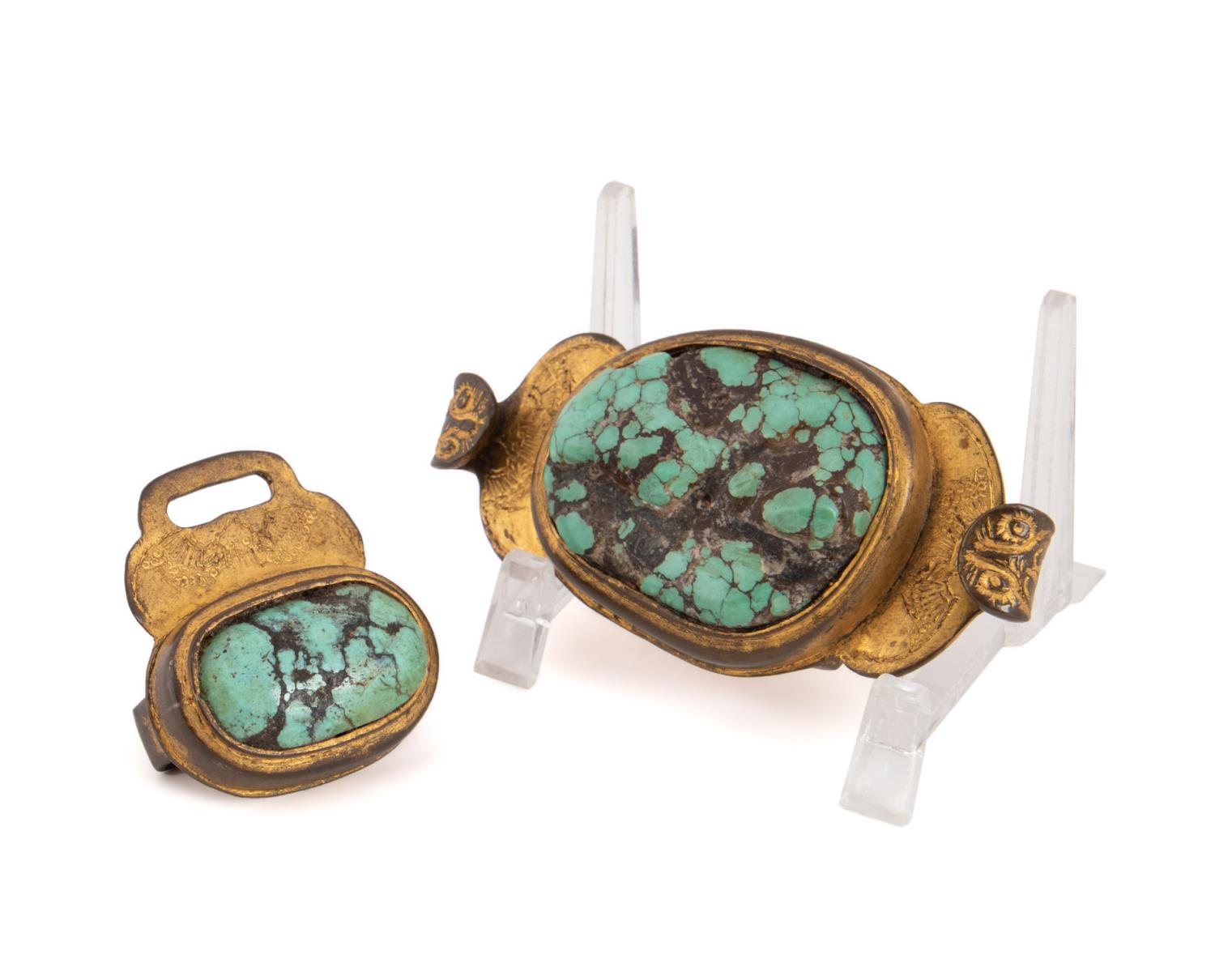 2PC CHINESE BRASS & TURQUOISE