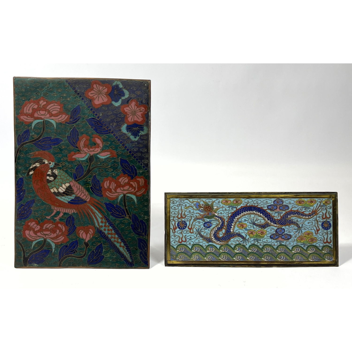2pc Cloisonne plaques on brass.