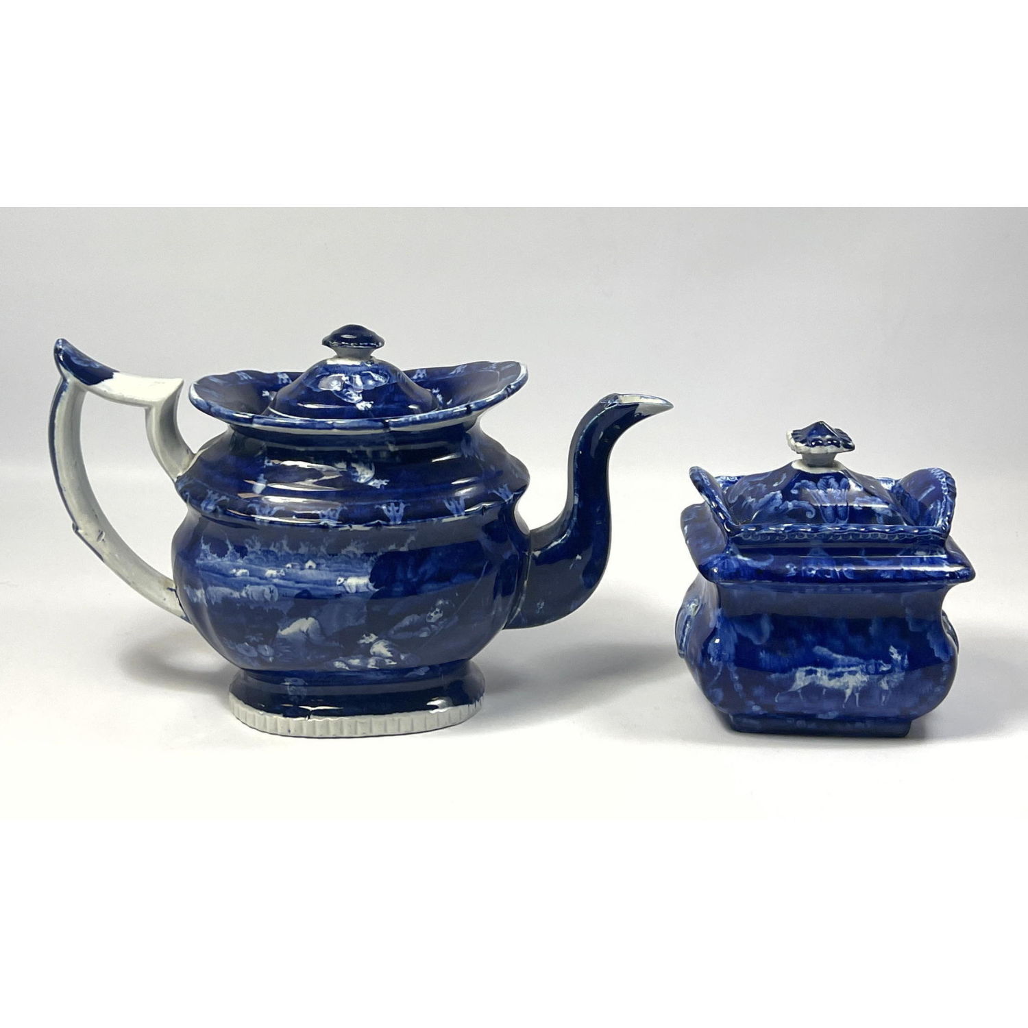 2pc Flow Blue Stoneware. Teapot.