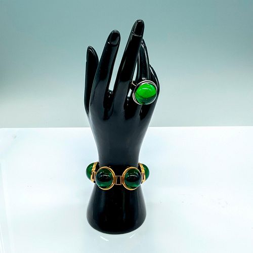 2PC LALIQUE GREEN CABOCHON BRACELET