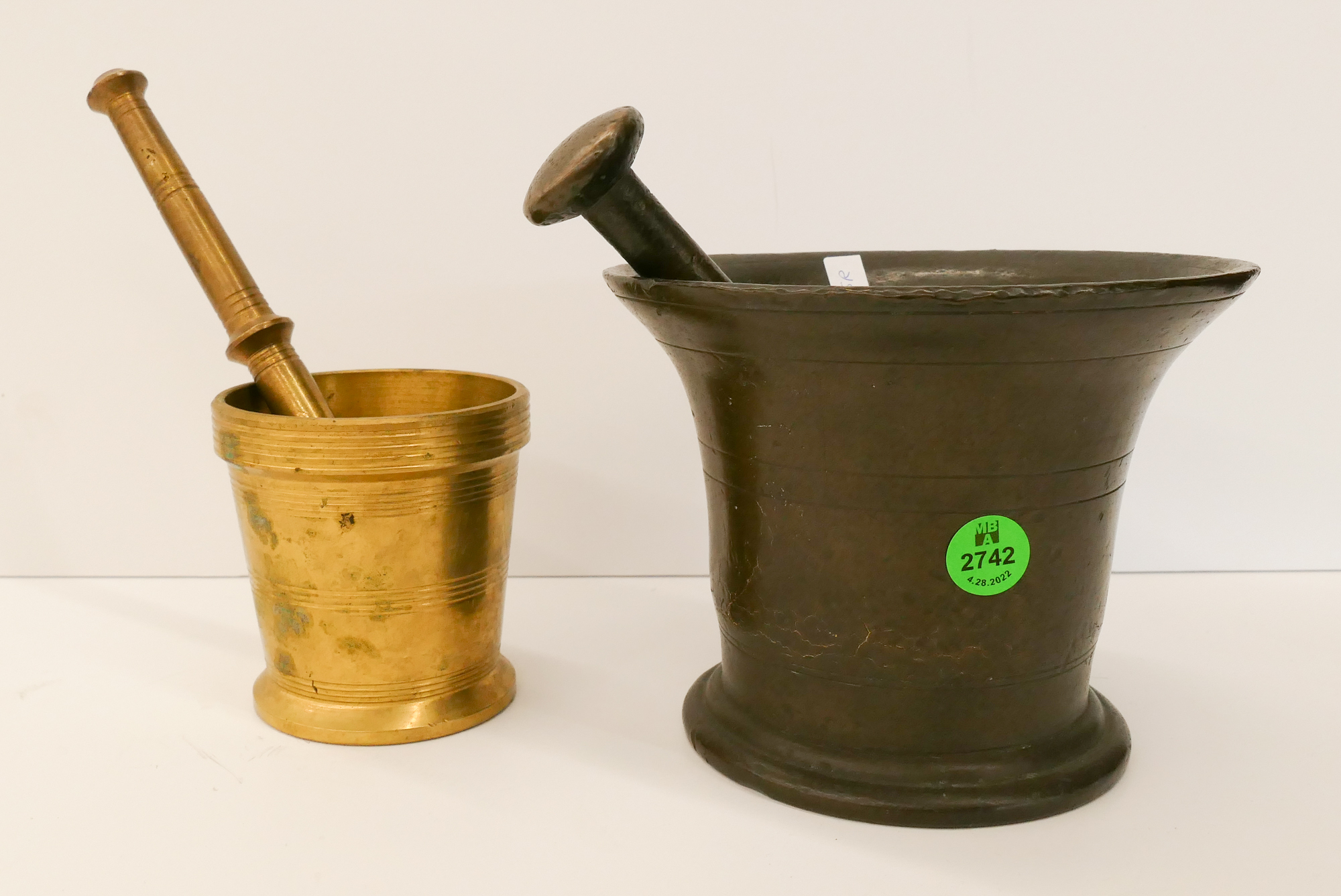 2pc Old Bronze & Brass Mortar &