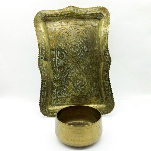 2PC VINTAGE BRONZE SERVING TRAY AND