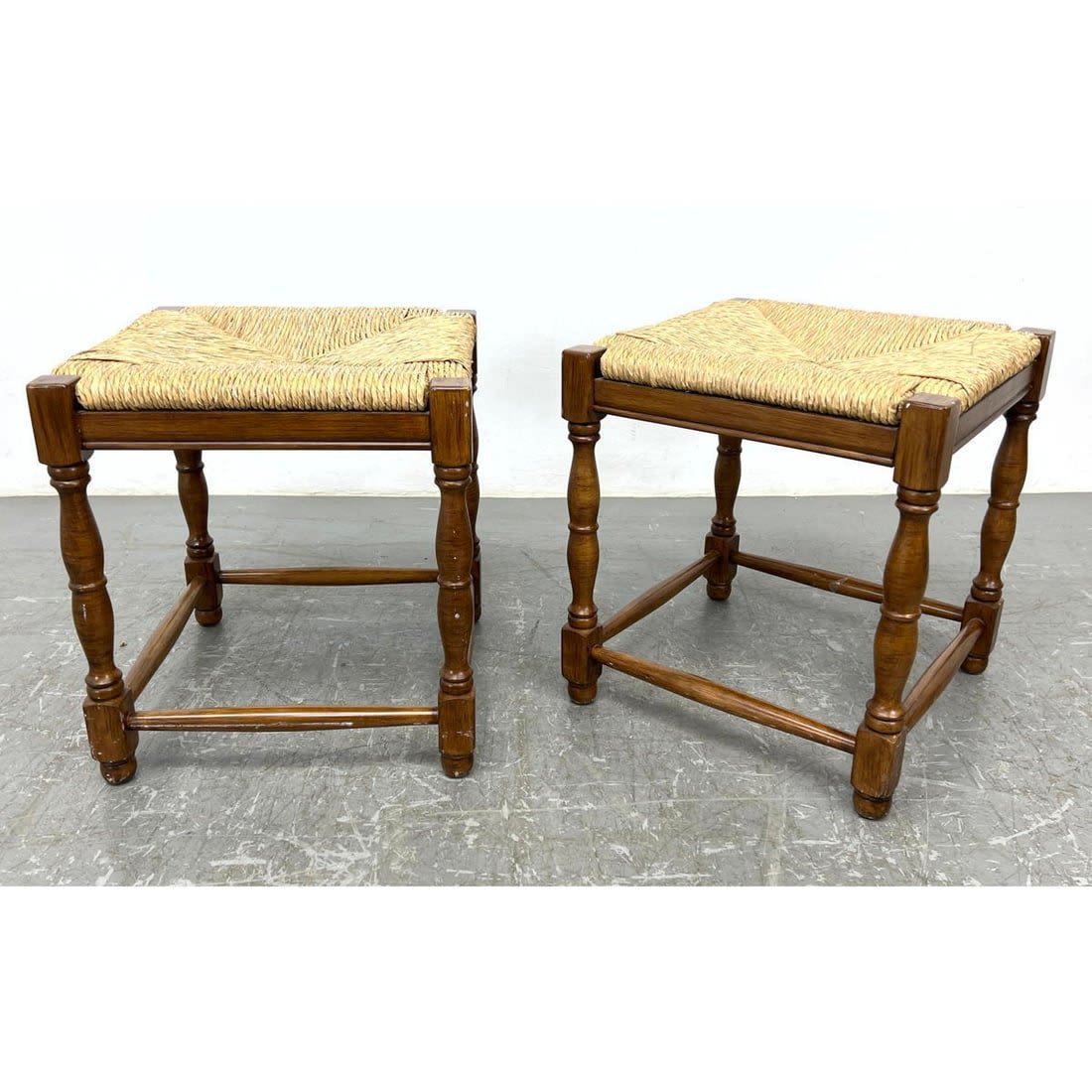 2pc Woven Rush Seat Stools. BALLARD