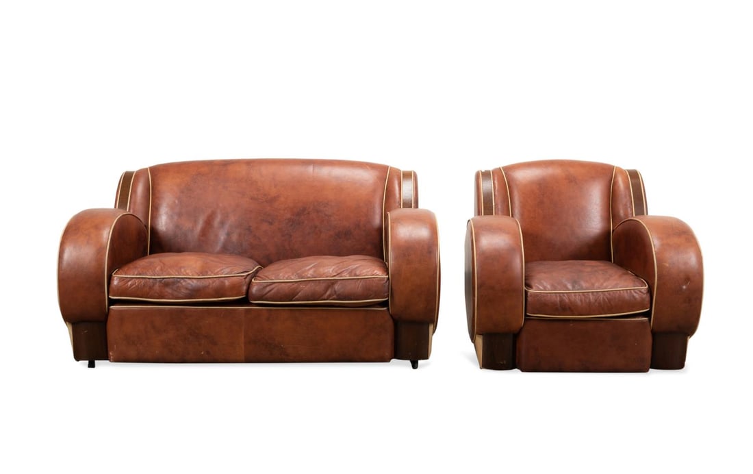 2PCS, C. 1940 TAN LEATHER ART