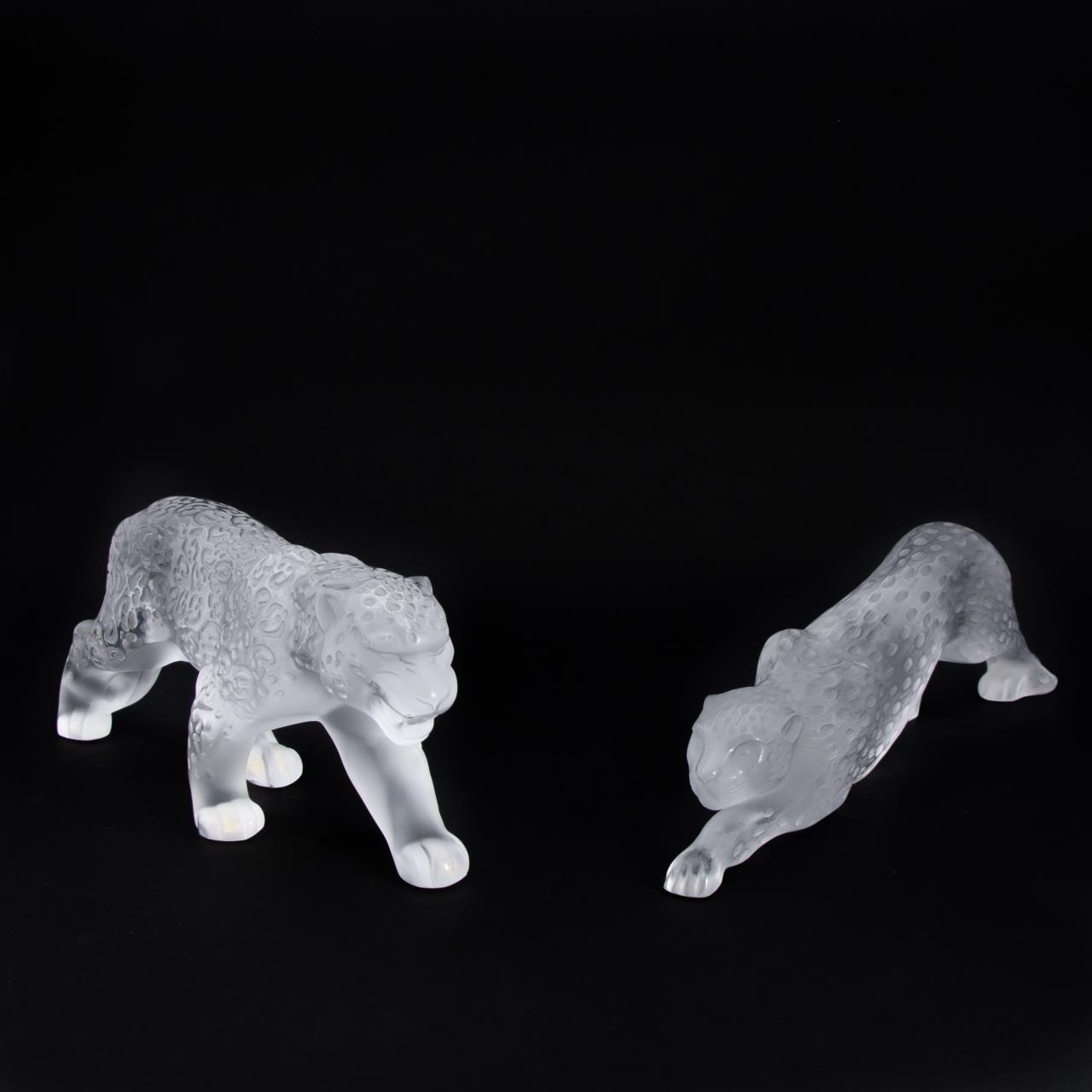 2PCS LALIQUE FROSTED FIGURES JAGUAR