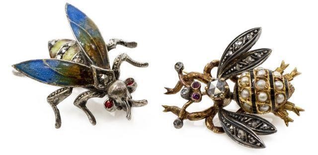 2)VICTORIAN SILVER GOLD DIAMOND BEE