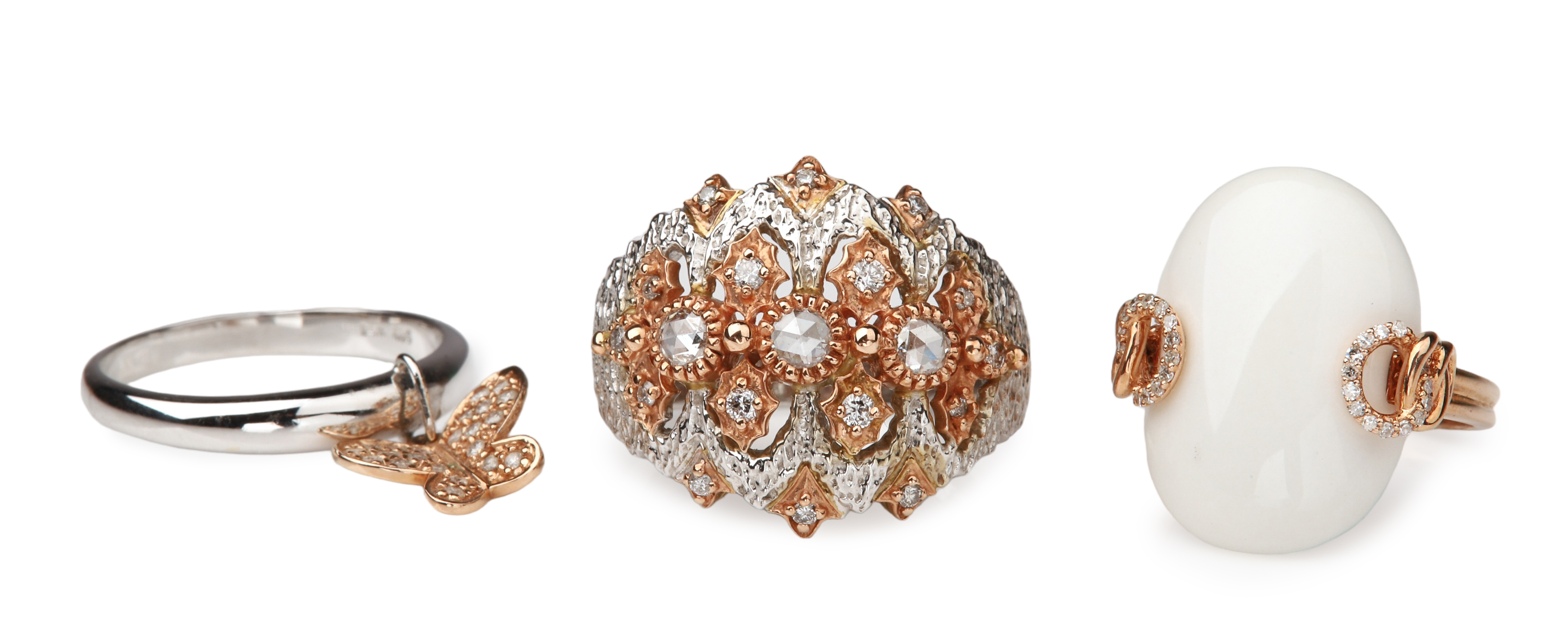 (3) 14K White, rose gold and