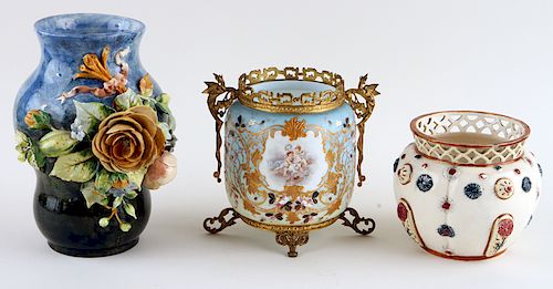 3 19TH C. VASES GLASS & CERAMIC ONE