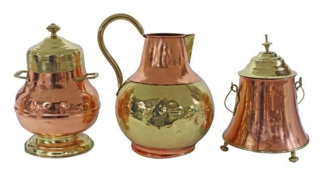(3) ANTIQUE BRASS & COPPER PITCHER,