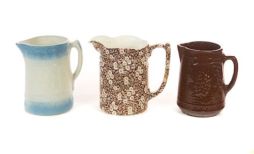 3 ANTIQUE PITCHERS SALT GLAZE,