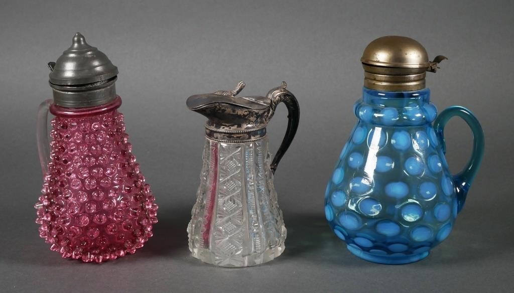 (3) ANTIQUE SYRUP PITCHERS COIN DOT