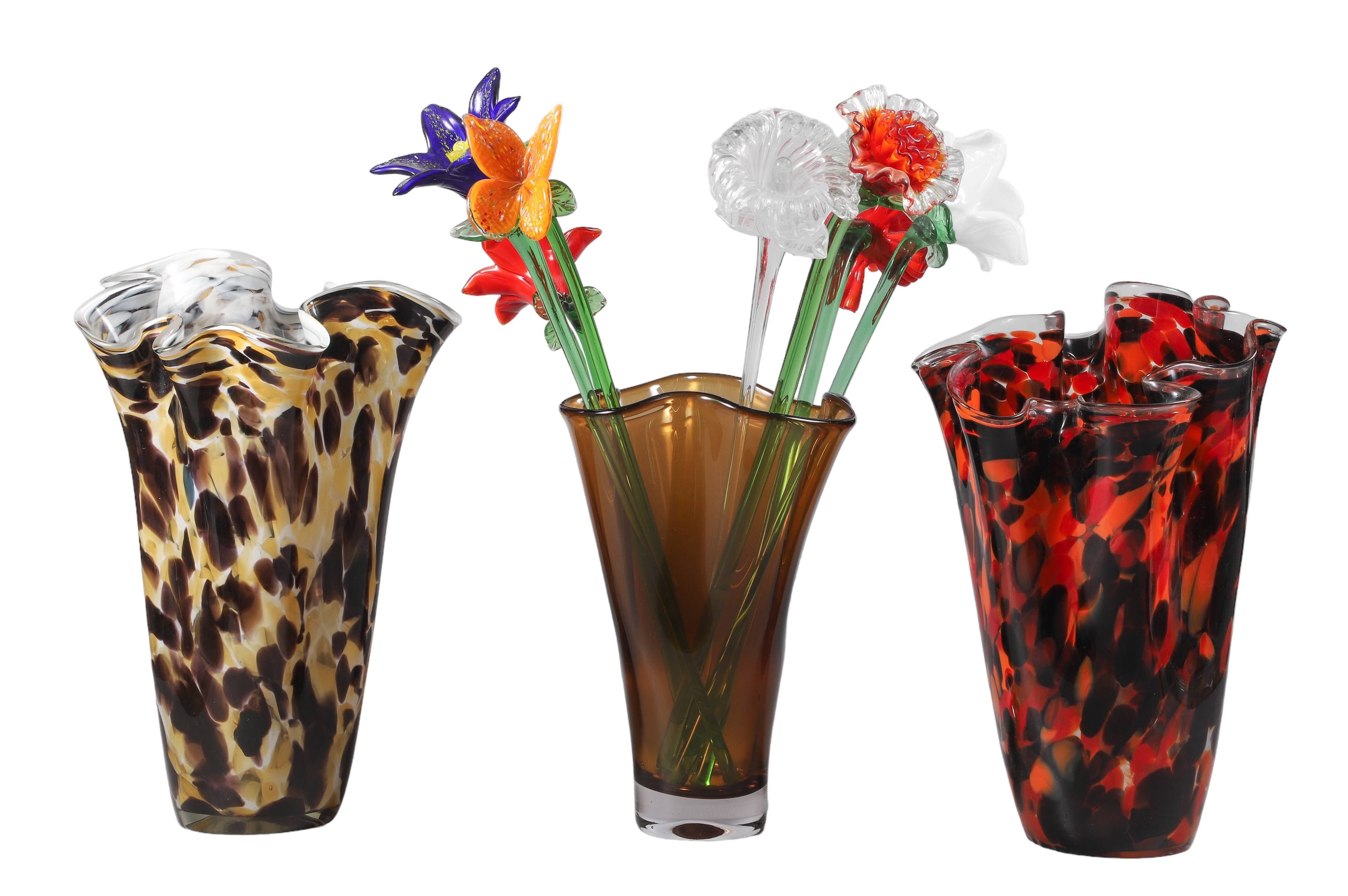 (3) Art glass kerchief vases and