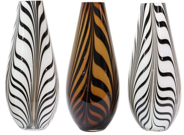 (3) ART GLASS ZEBRA VASES, STYLE OF