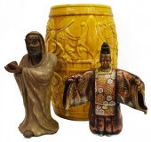 (3) ASIAN FIGURES & BARREL GAR