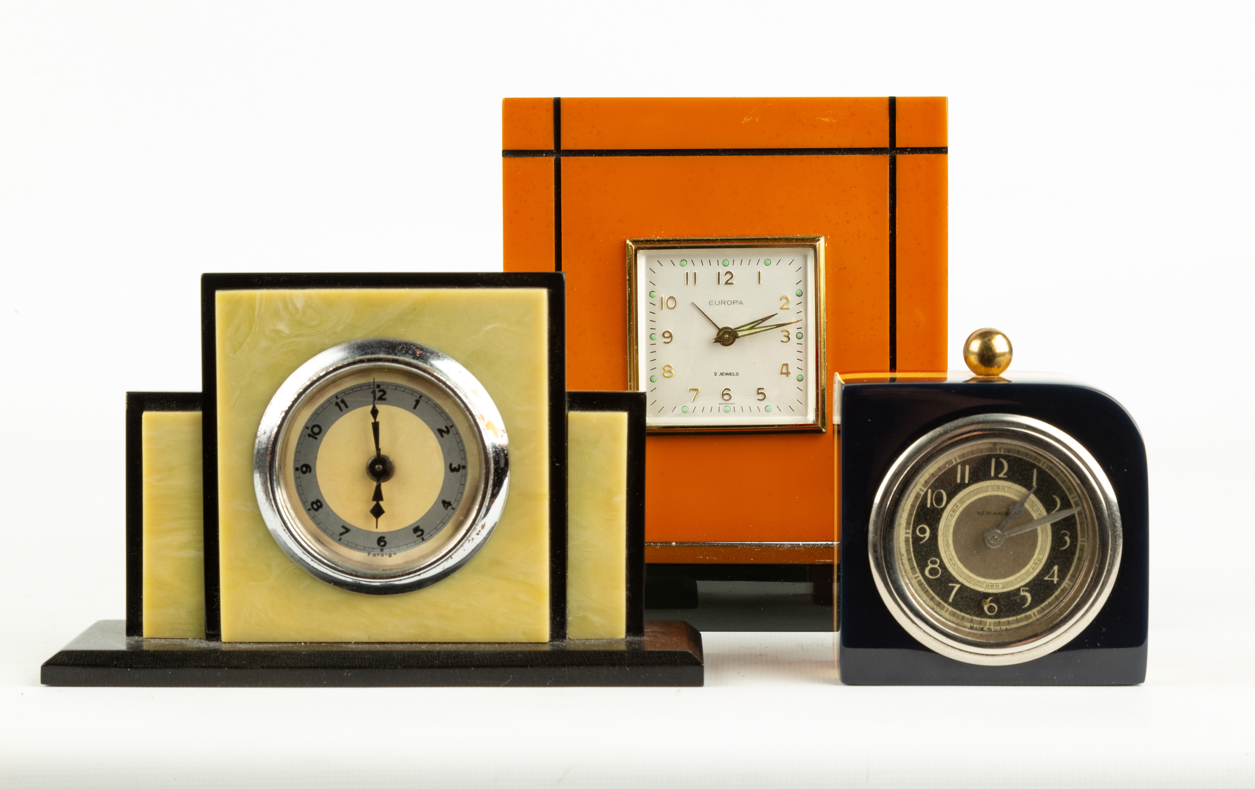 (3) BAKELITE DESK CLOCKS circa