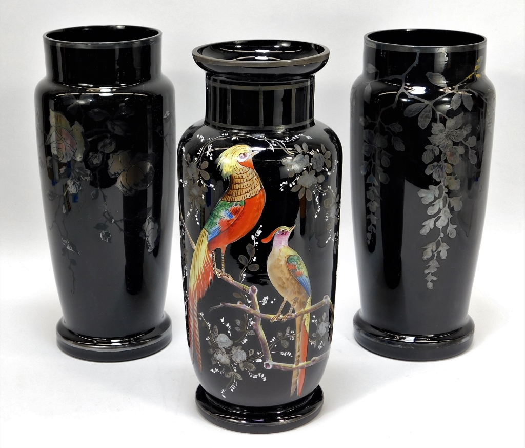 3 BLACK ENAMELED BOHEMIAN ART GLASS