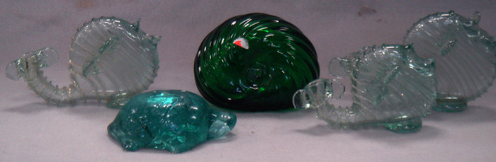 3 blown glass aqua fish bottles