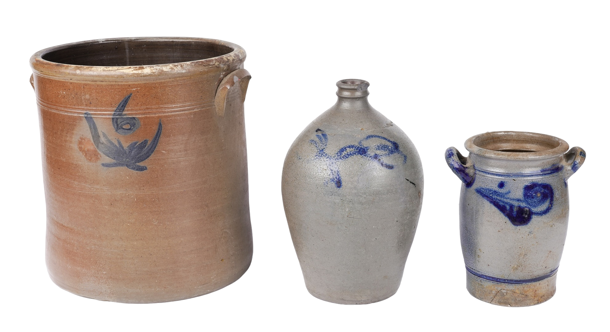 (3) Blue decorated stoneware crocks