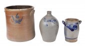 (3) Blue decorated stoneware c
