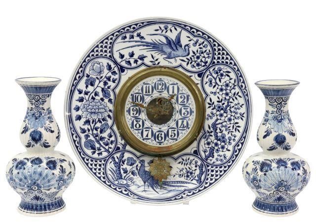 (3) BLUE & WHITE WALL CLOCK & DELFT