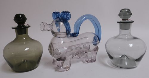 3 BOHEMIAN COLORED GLASS DECANTERS3