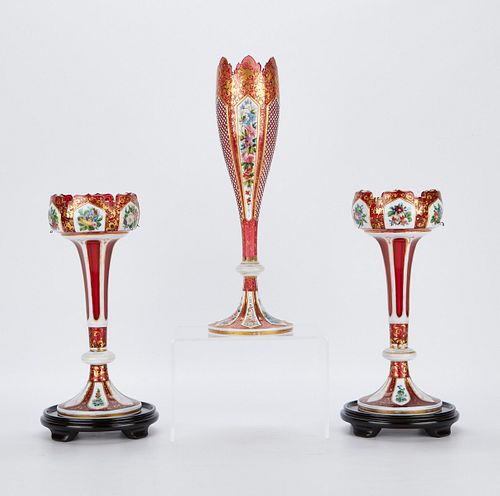 3 BOHEMIAN CUT OVERLAY GLASS