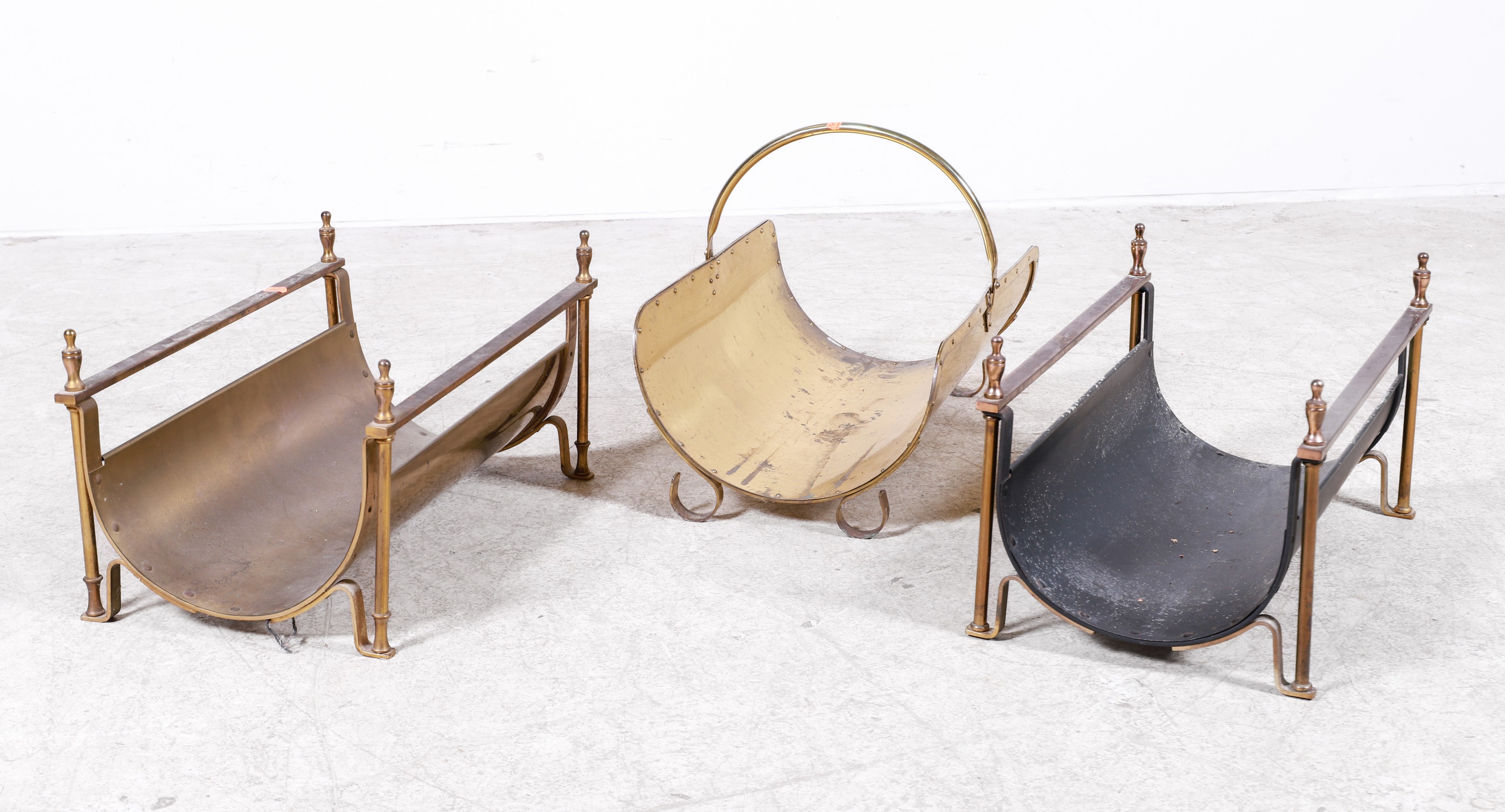 (3) Brass log holders, 9"h x 23"w x