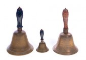 3 BRASS WOOD HANDLED BELLSExce