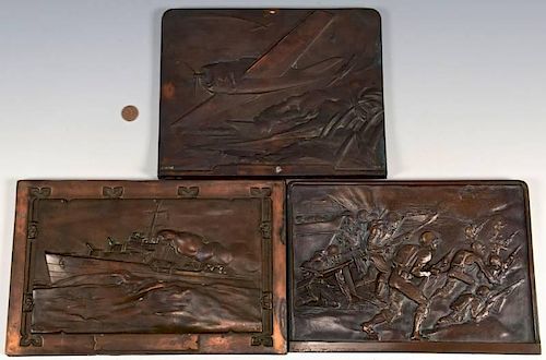 3 BRONZE PLAQUES, WWII SCENES