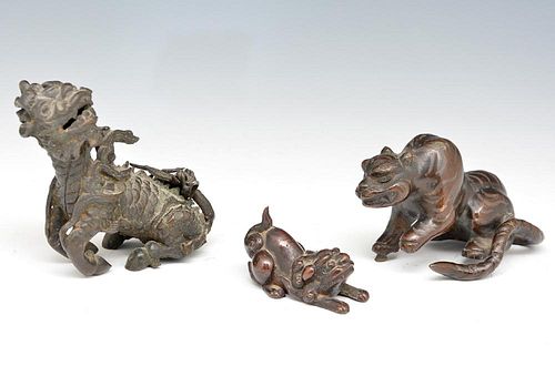 3 BRONZE STATUES: 2 FOO DOGS AND