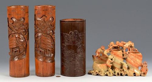 3 BRUSH POTS & SOAPSTONE