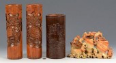 3 BRUSH POTS & SOAPSTONE VASEI