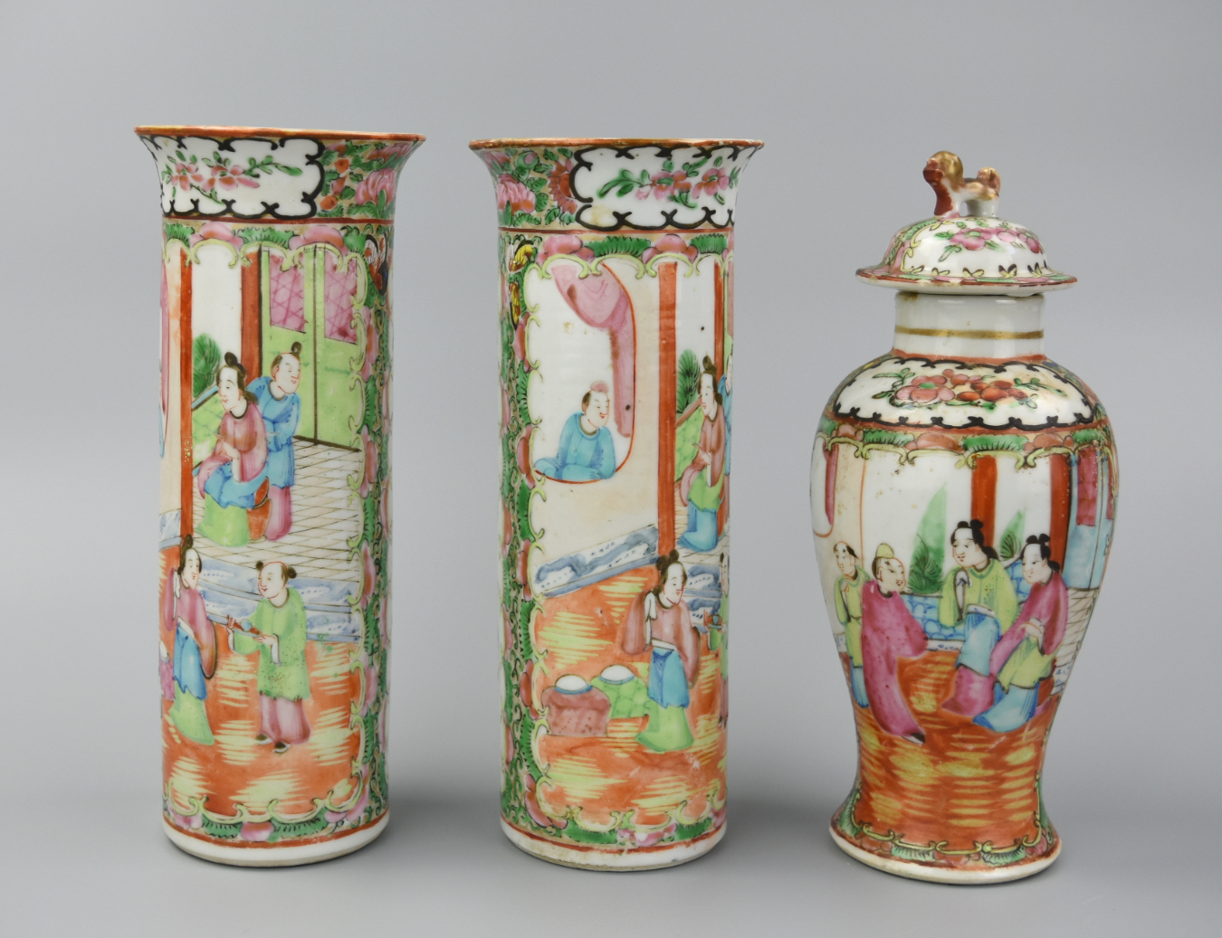 3 CANTONESE VASES: FIGURES IN