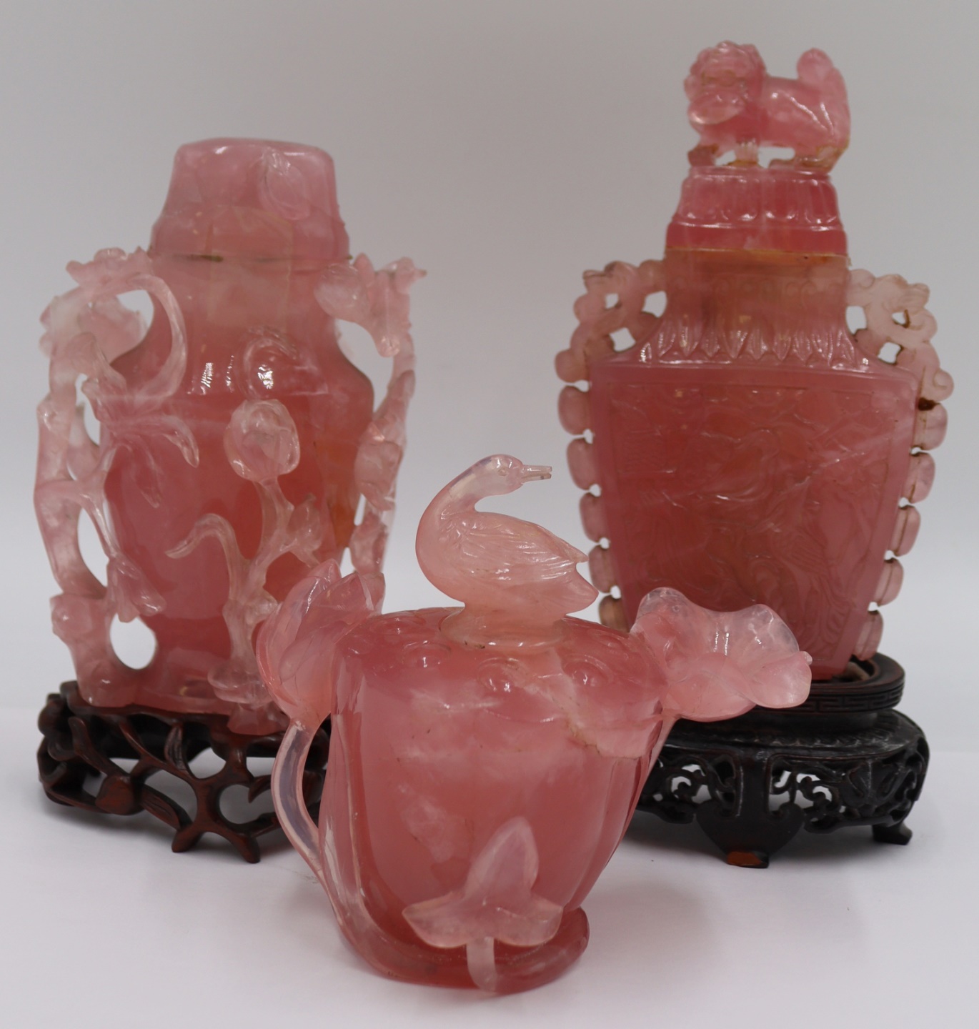 (3) CARVED CHINESE ROSE QUARTZ