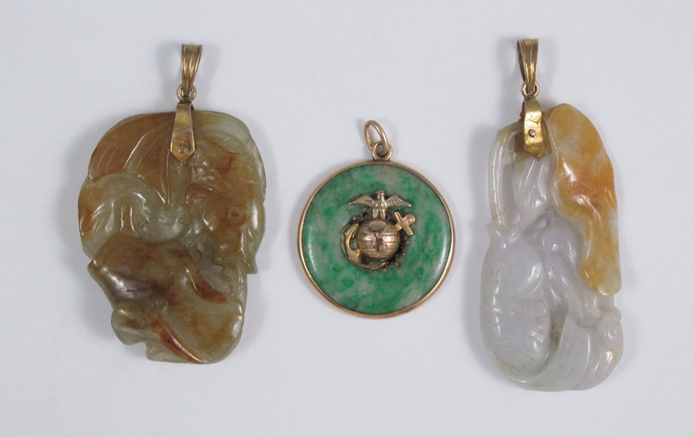 3 CARVED JADEITE JADE PENDANTS:
