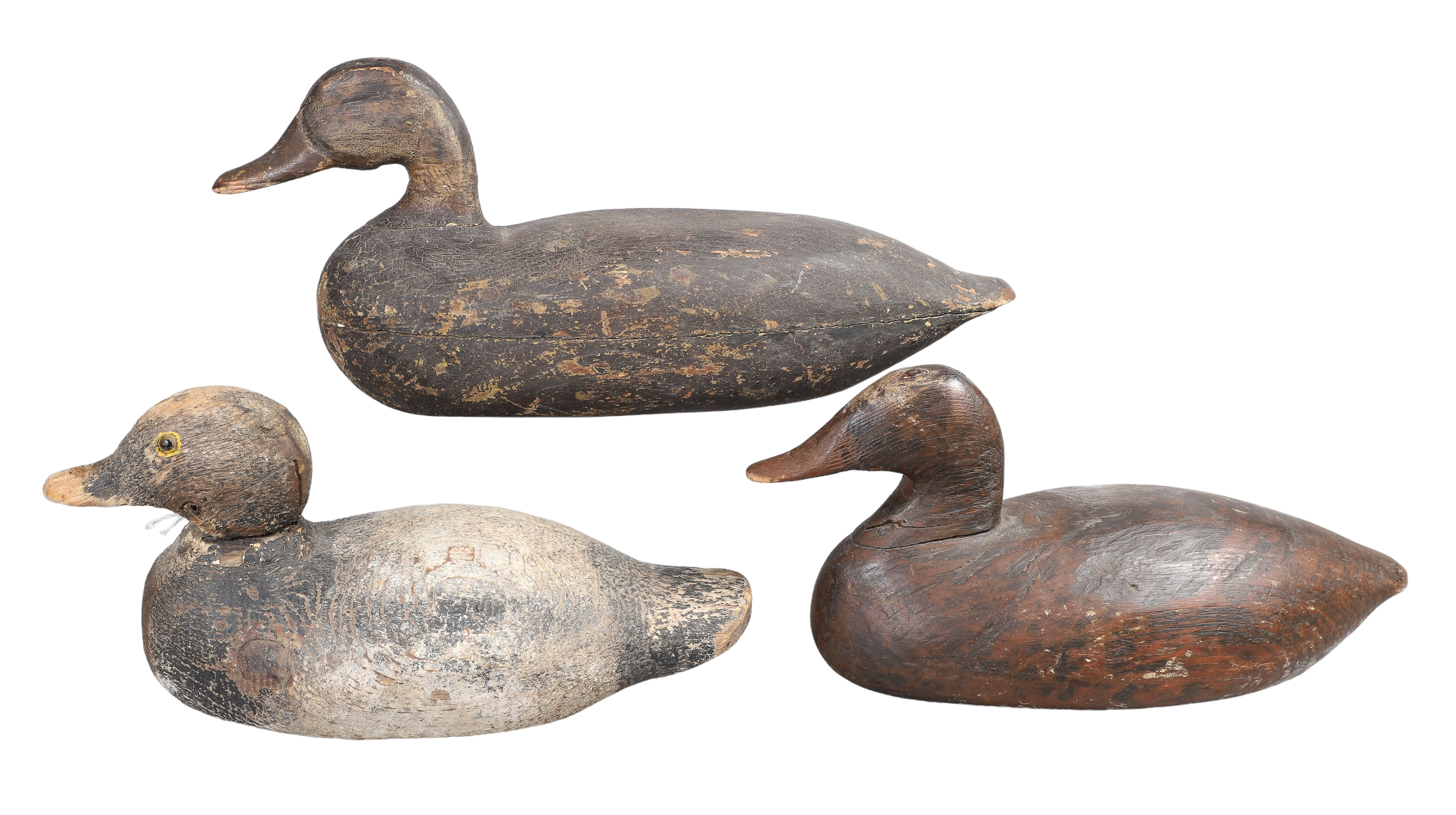 (3) Carved wood duck decoys,