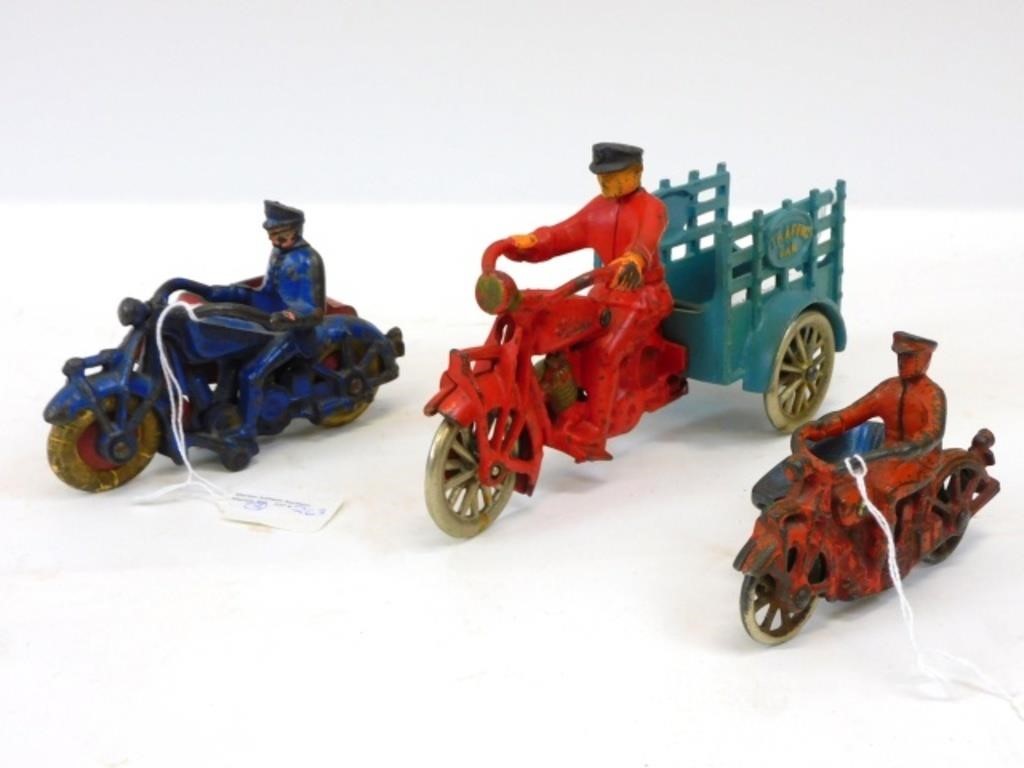 (3) CAST IRON MOTORCYCLES. TWO WITH