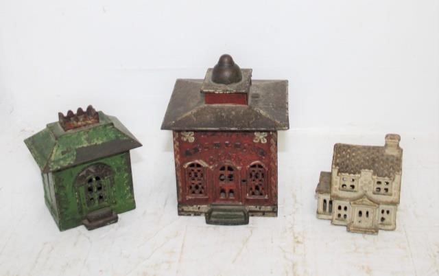 3 CAST IRON STILL BANKS, LATE