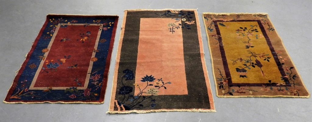 3 CHINESE ART DECO BLUE YELLOW WOOL