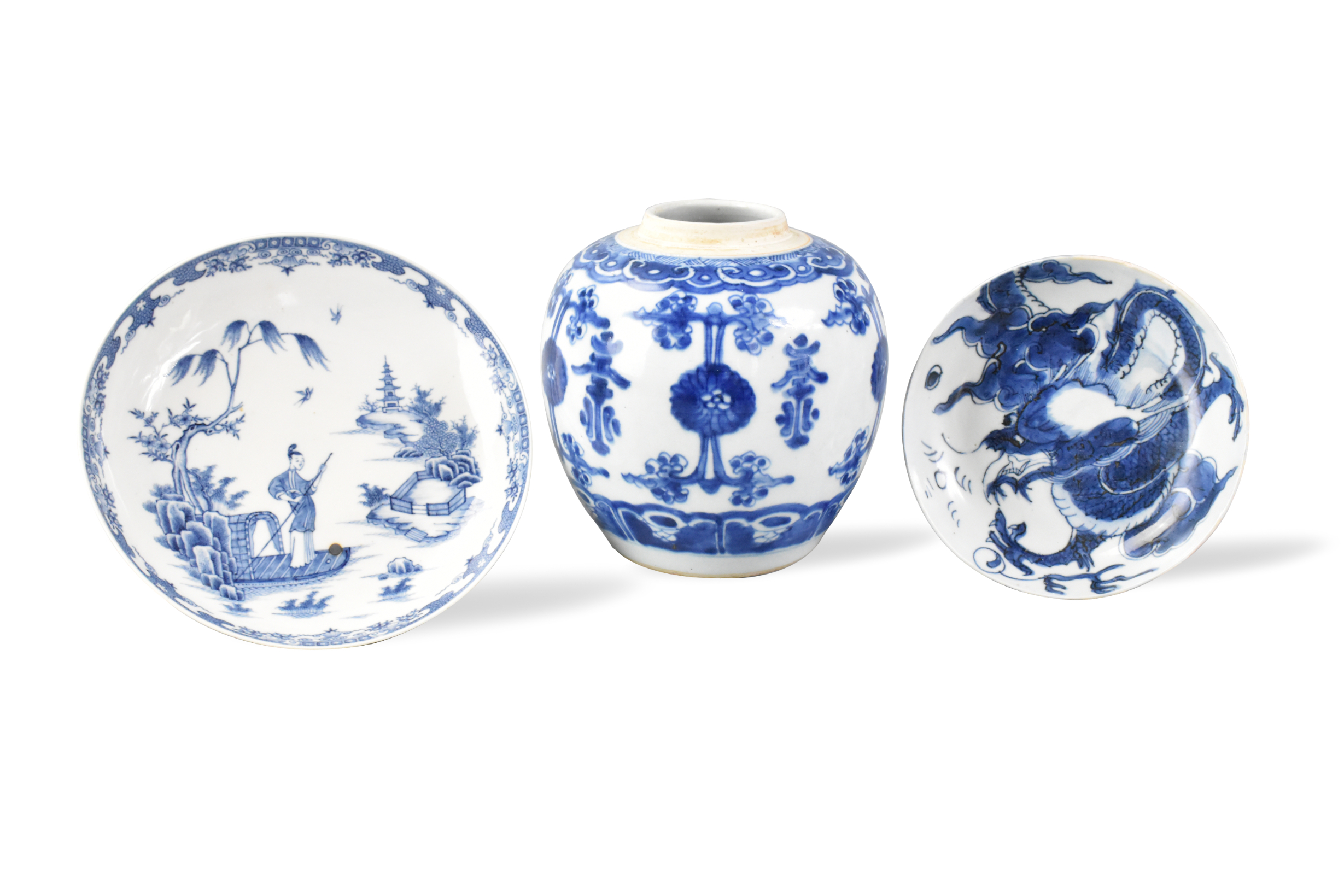 3 CHINESE BLUE AND WHITE JAR &