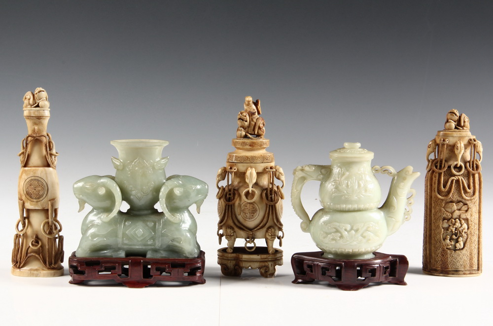 (3) CHINESE BONE VASES & (2) JADE