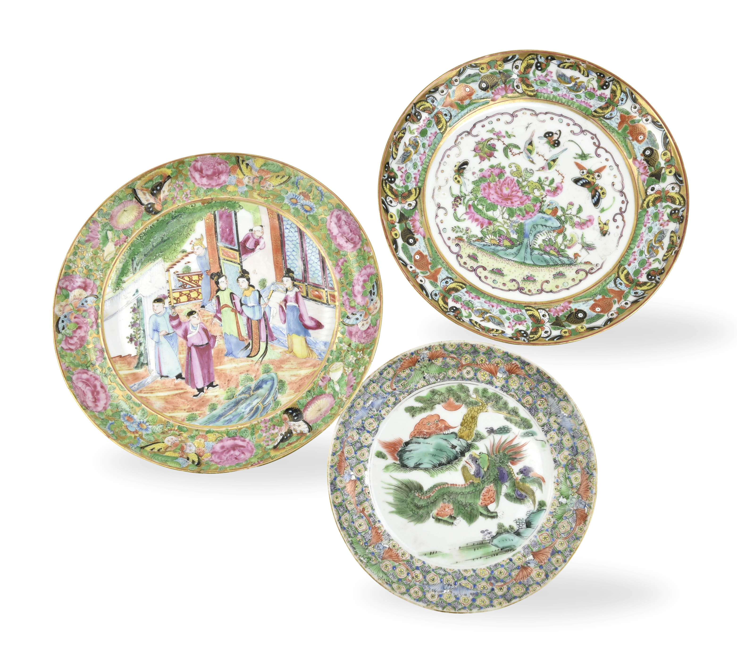 3 CHINESE CANTON GLAZED PLATES,