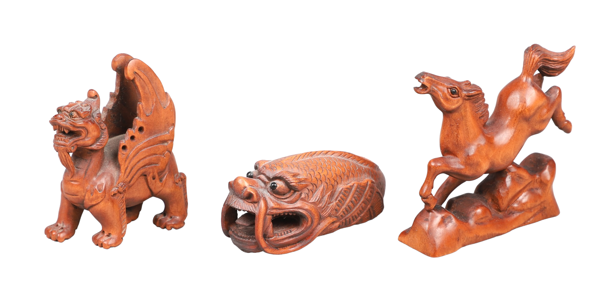 (3) Chinese carved wood netsuke,