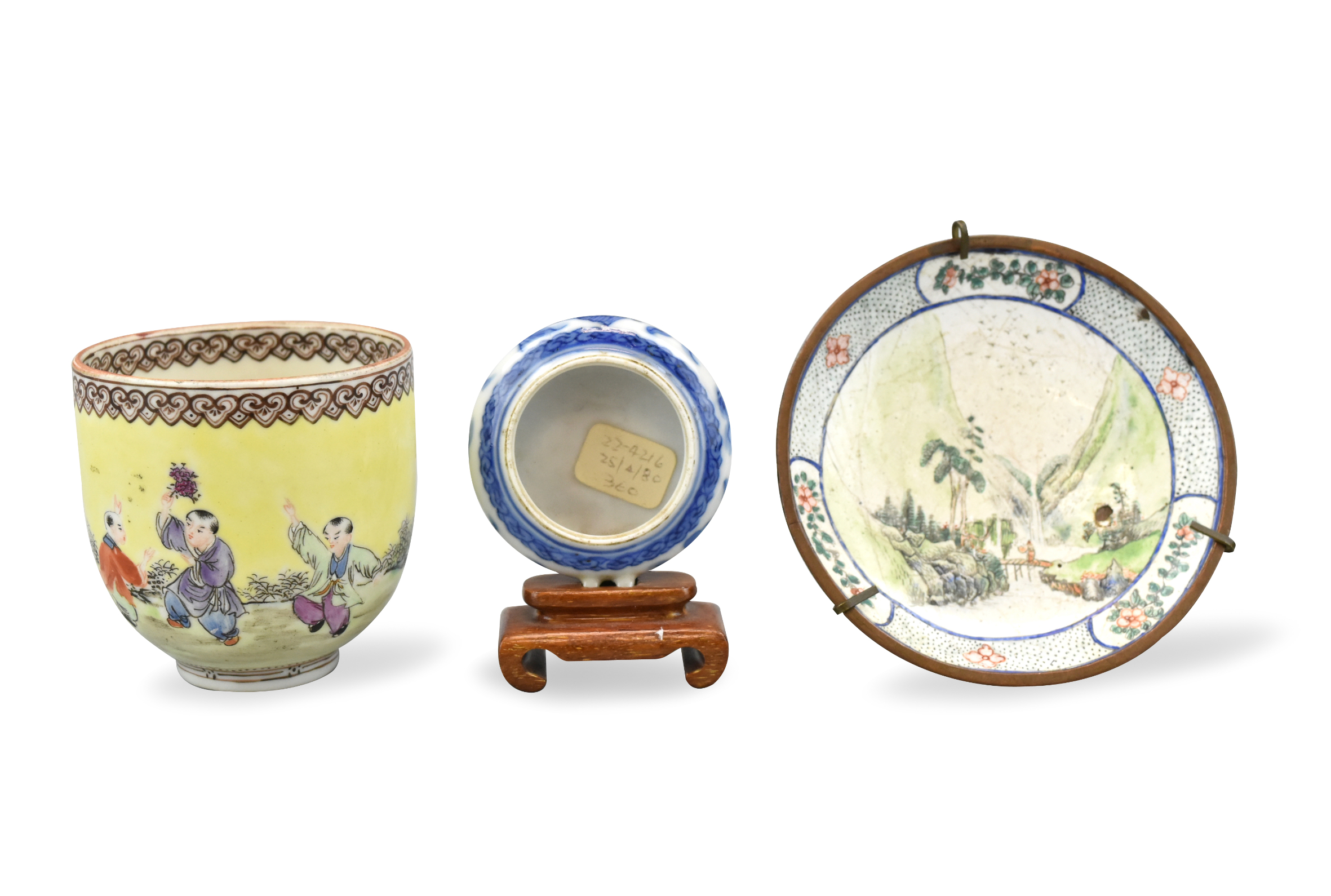 3 CHINESE ENAMELED PLATE ,CUP, B