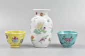 3 CHINESE FAMILLE ROSE VASE &