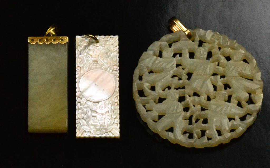 (3) Chinese Qing Jade & 14 Kt. Gold