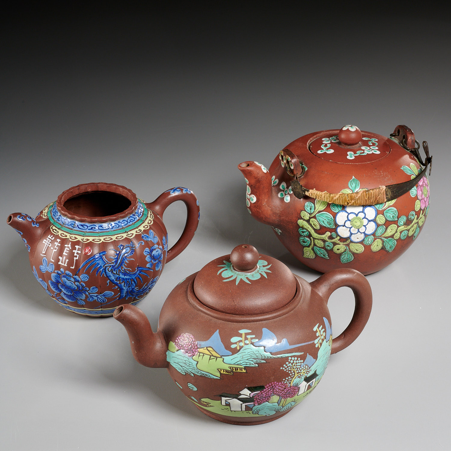 (3) CHINESE YIXING ENAMELED TEAPOTS